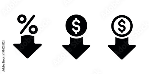 Black of percentage and dollar sign with downward arrows in white background