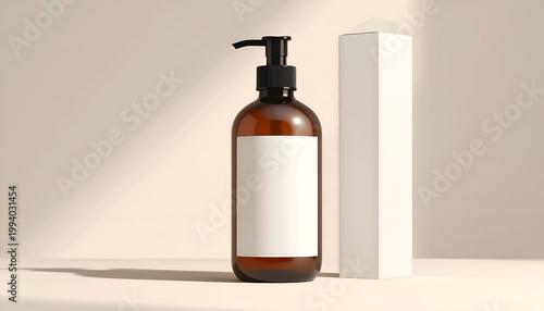 Amber glass bottle with blank label and black pump dispenser alongside a tall white box in a soft studio light setting