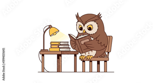 Owl sitting on chair reading book under desk lamp studying