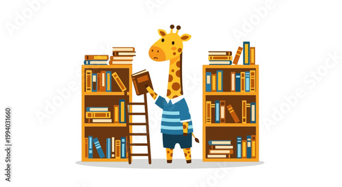 Giraffe character reads book on ladder between tall bookshelves indoors