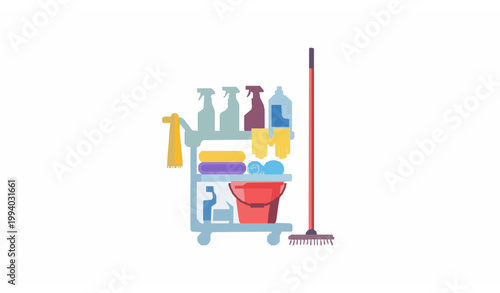 Professional cleaning cart with organized janitorial supplies flat vector illustration isolated on white background