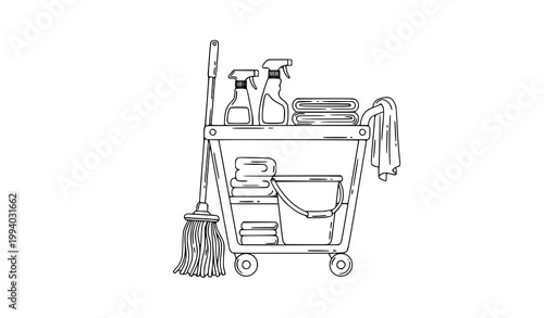 Minimal line art cleaning cart with janitorial equipment outline vector illustration isolated on white background