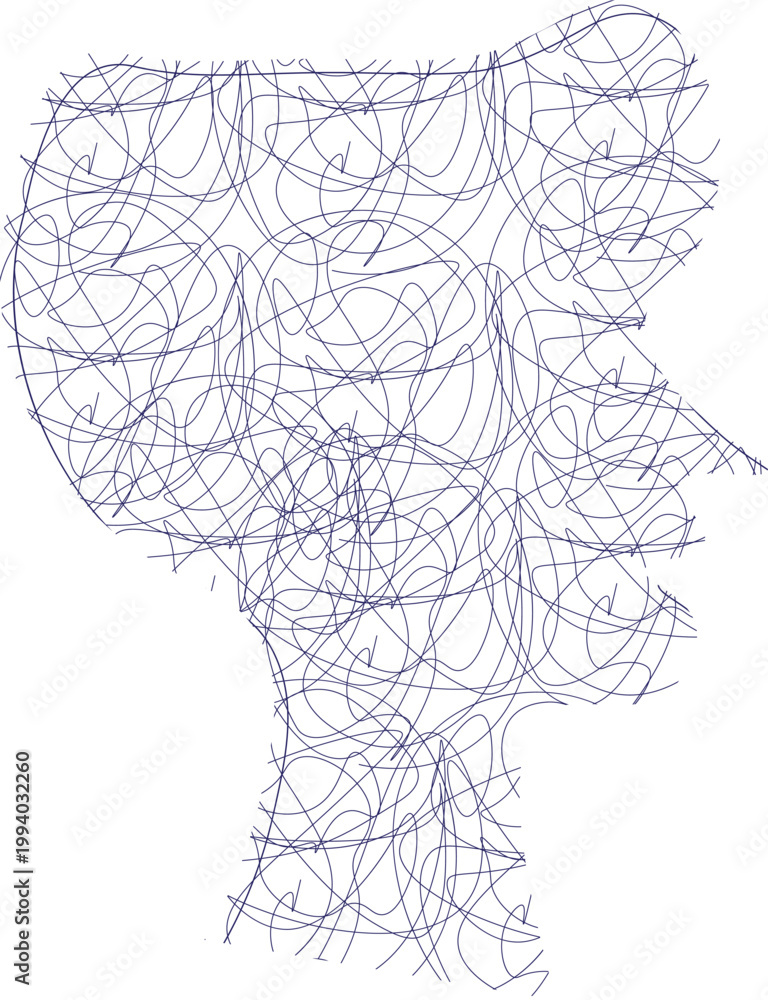 Fototapeta premium Abstract Line Art Human Profile with Chaotic Scribble Pattern. The overlapping lines create a dynamic visual texture, suggesting complexity, movement, and layered thought processes