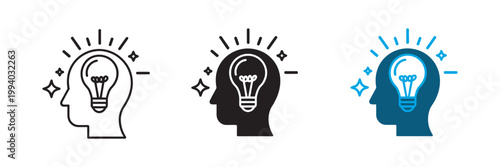 Creative idea icon set, human head with glowing light bulb, innovation intelligence problem solving bright spark ideas, web app icons vector
