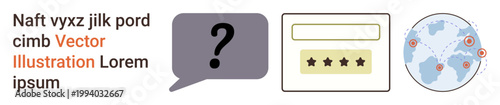 Communication, cybersecurity, data, online verification, geolocation, global support. Speech bubble with question mark, rating box world map with pins. Communication and cybersecurity concepts