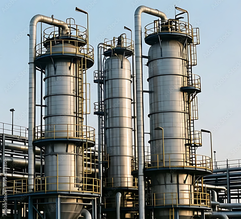 Fototapeta premium refinery distillation columns with pipes and ladders visible under daylight, realistic industrial feel