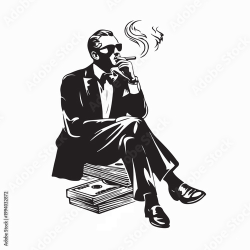 Rich Businessman Relaxing on Cash Pile with Cigarette Vector