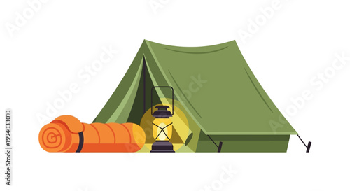 Green camping tent with sleeping bag and lantern on a white background, perfect for outdoor adventures and travel
