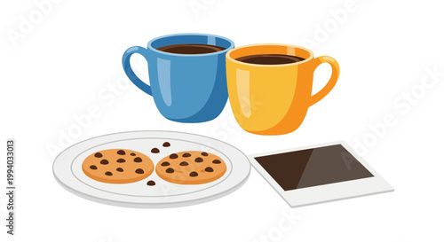 Two colorful cups of coffee with chocolate chip cookies and a photograph, perfect for a cozy break