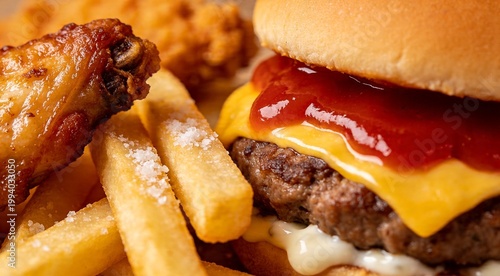 Delicious cheeseburger with ketchup, salted french fries, and crispy chicken wings