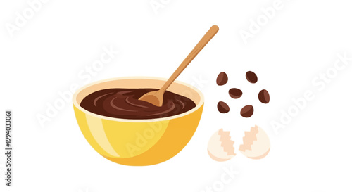 A bowl of rich chocolate mousse with cocoa beans and cracked eggshells, suggesting a delicious dessert preparation