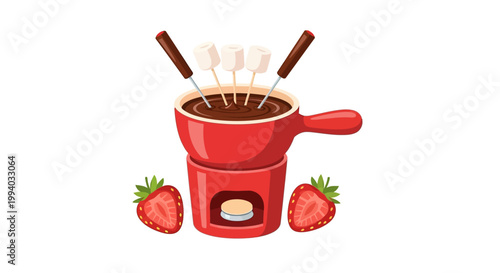 Delicious chocolate fondue set with fluffy marshmallows and fresh ripe strawberries, perfect for a sweet dessert experience or a cozy treat