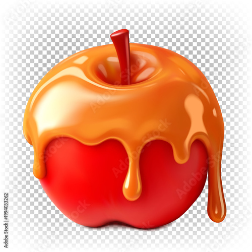 A big red whole apple covered in liquid flowing sweet caramel. Vector 3D realistic illustration isolated on a transparent background.