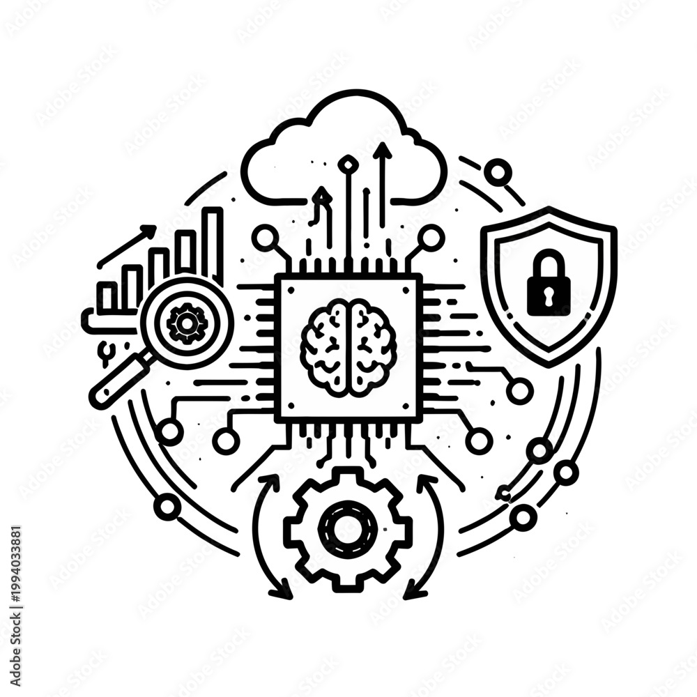 Obraz premium Abstract representation of artificial intelligence with a brain-like chip, gears, cloud, shield, and analytics graph, symbolizing technological innovation and data processing