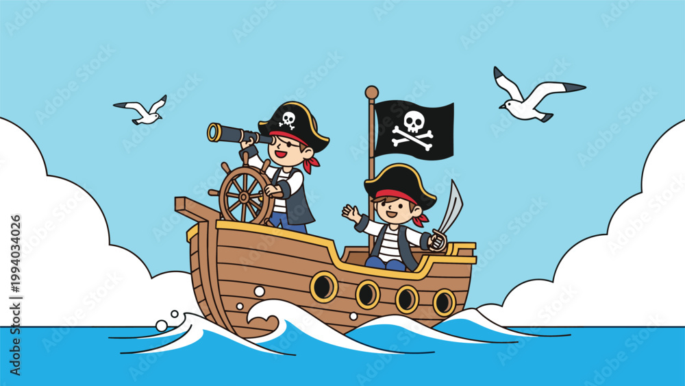 Naklejka premium Two adventurous pirate boys are happily sailing on a wooden ship with a skull flag, exploring the open sea with seagulls.