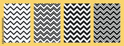 Seamless pattern set, black zigzag stripes on a white background, simple linear design, minimalistic style, textile print, geometric ornament, vector illustration.