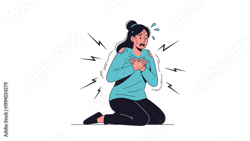 Woman clutching her chest in pain with visible lightning bolts, depicting a heart attack or severe chest pain.