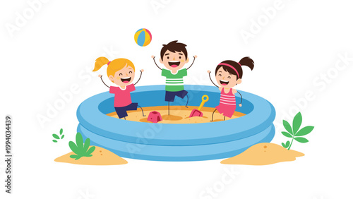 Joyful children happily playing in a sandpit or inflatable pool filled with sand and toys, having outdoor fun.