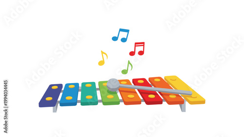 Brightly colored xylophone with musical notes floating above, symbolizing music, rhythm, and childhood play.