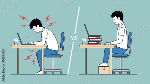 Ergonomic comparison of good and bad posture at a computer desk, highlighting healthy work habits.