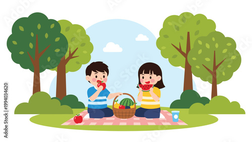 Happy boy and girl enjoying a picnic in a park, eating fruits from a basket under large green trees.