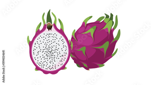 Vibrant whole and sliced dragon fruit, showcasing an exotic tropical fruit with its unique pink skin and white flesh.