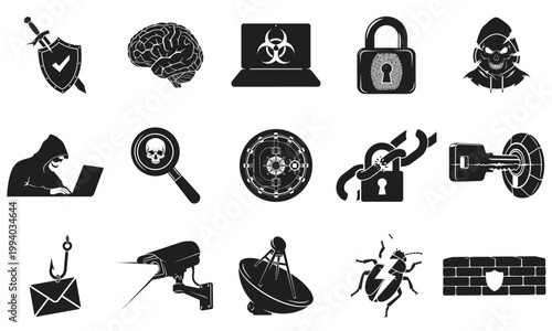 Cybersecurity and hacking icon set including hacker, firewall, phishing, virus, padlock, security camera, vault, bug, and data protection symbols professional vector illustrations