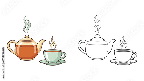 Steaming teapot and teacup next to an outline version, illustrating hot beverages and a fun coloring activity.