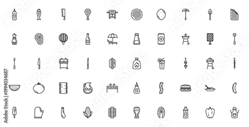 BBQ icon set. Vector illustration of grill, steak, skewer, sausage, burger, tools and summer food items like corn, watermelon, lemonade. Editable stroke.