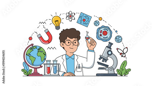 Happy scientist surrounded by various scientific elements, symbolizing research, discovery, and education in chemistry and biology.