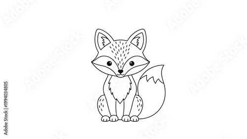 Adorable black and white line art illustration of a cute, stylized fox sitting, featuring its bushy tail and charming facial expression, perfect for children's designs.