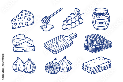 Cheese honey grapes figs and crackers on transparent background.