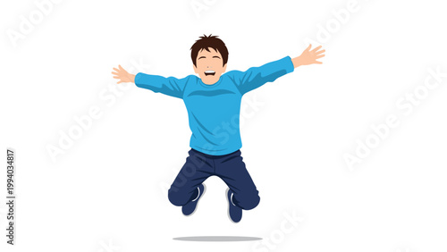 Exuberant cartoon illustration of a cheerful young boy with dark hair joyfully jumping with his arms outstretched, conveying happiness and energetic freedom.