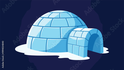 Fotografía Atmospheric cartoon illustration of a single igloo, constructed from ice blocks, standing resiliently in a snowy landscape against a dark blue background, evoking Arctic themes