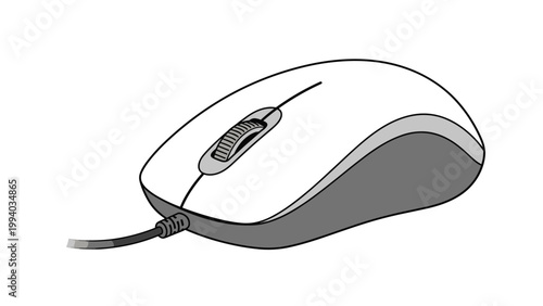 Simple line art illustration of a classic wired computer mouse, featuring its scroll wheel and ergonomic design, representing essential computer peripherals.