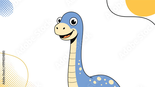 Friendly cartoon illustration of a cheerful brontosaurus dinosaur with a long neck and a happy expression, set against an abstract, colorful background.