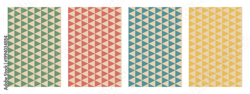 Seamless pattern set, triangles, rhombus, trendy vintage colors, simple design, minimalistic style, geometric ornament decorative background, package paper, wallpaper, vector illustration.