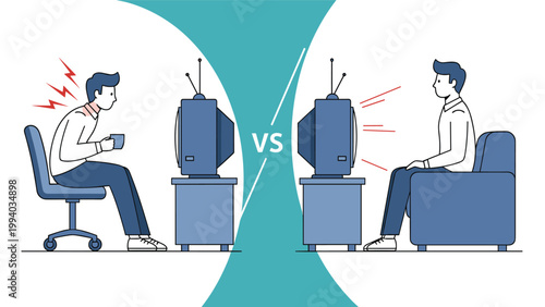 Informative cartoon illustration contrasting good and bad television viewing distances, showing one man experiencing neck pain while watching too close and another at an optimal distance.