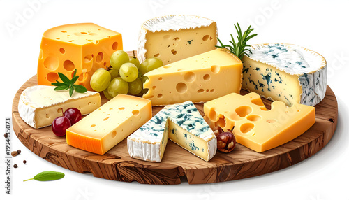 Assorted cheeses on wooden board with grapes rosemary and hazelnuts including blue cheese swiss and brie for gourmet tasting