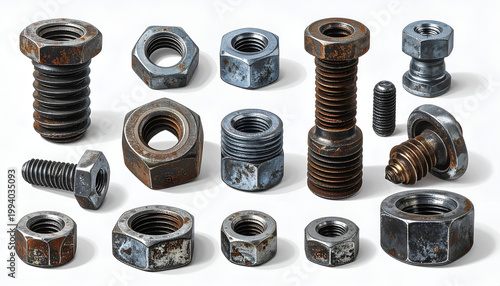 Assorted collection of metal nuts and bolts in various sizes and finishes arranged on a clean white surface for industrial applications