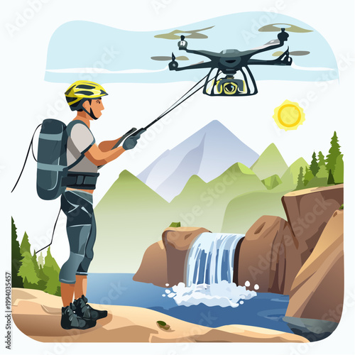 Hiker filming mountain waterfall with professional drone illustration