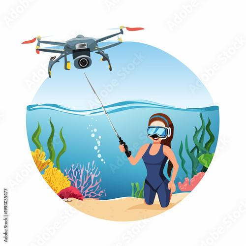 Woman snorkeling underwater with camera drone vector illustration