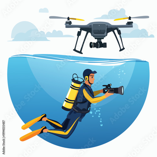 Scuba Diver Filming Underwater with Drone Flying Above Water Vector