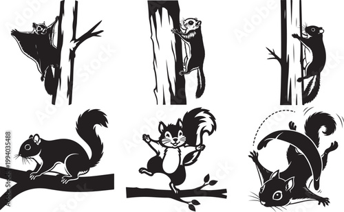 Flying Squirrel Bold Outline Silhouette Line Art Set