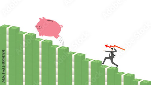 Businessman Hunting Piggy Bank Jumping Down on Falling Stack of Banknotes Bar Graph with Red Arrow Spear Representing Cash Flow Loss Economic Recession and Financial Crisis
