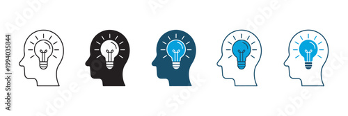 Creative thinking icon set, human head with light bulb symbol, good idea innovation brain power thinking problem solving vector

