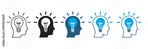 Creative thinking icon set, human head with light bulb symbol, good idea innovation brain power thinking problem solving vector
