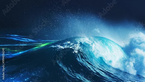 Glowing ocean waves crashing at night with phosphorescence