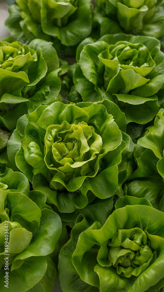Fototapeta premium Fresh green lettuce heads growing in a garden or farm field with lush leaves