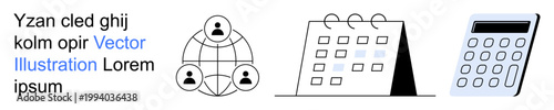 Business planning, teamwork, scheduling, finance management, communication, organization. Network diagram, calendar and calculator icons. Teamwork and scheduling concepts illustrated